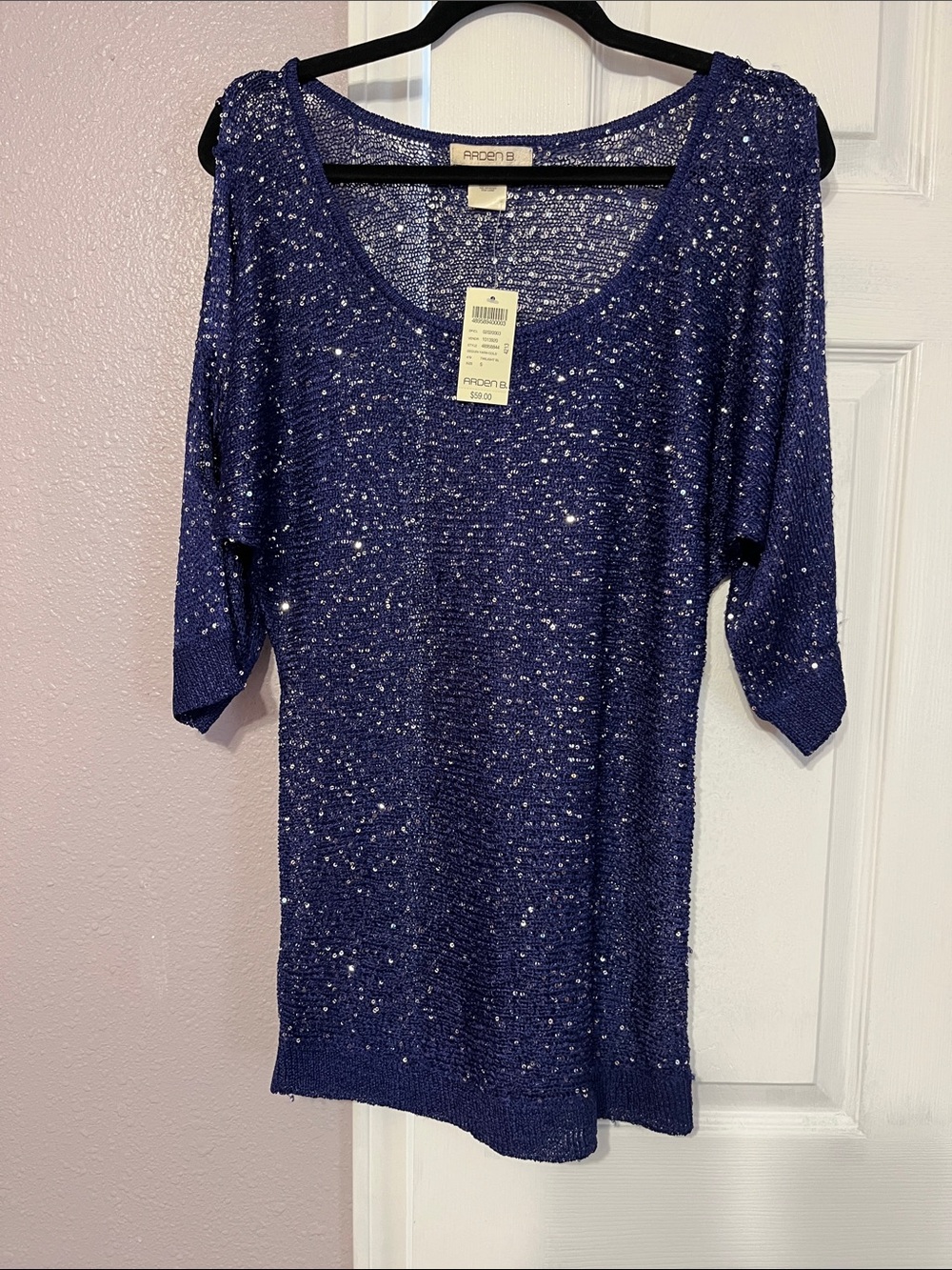Arden B Navy Sequin Open-Weave Scoop Neck Sweater